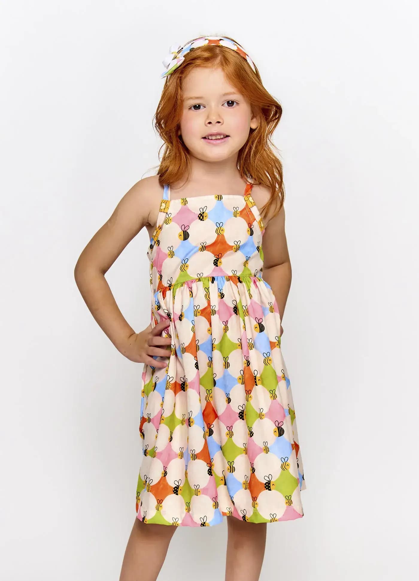 VESTIDO ABELHINHAS ROSA E OFF WHITE 