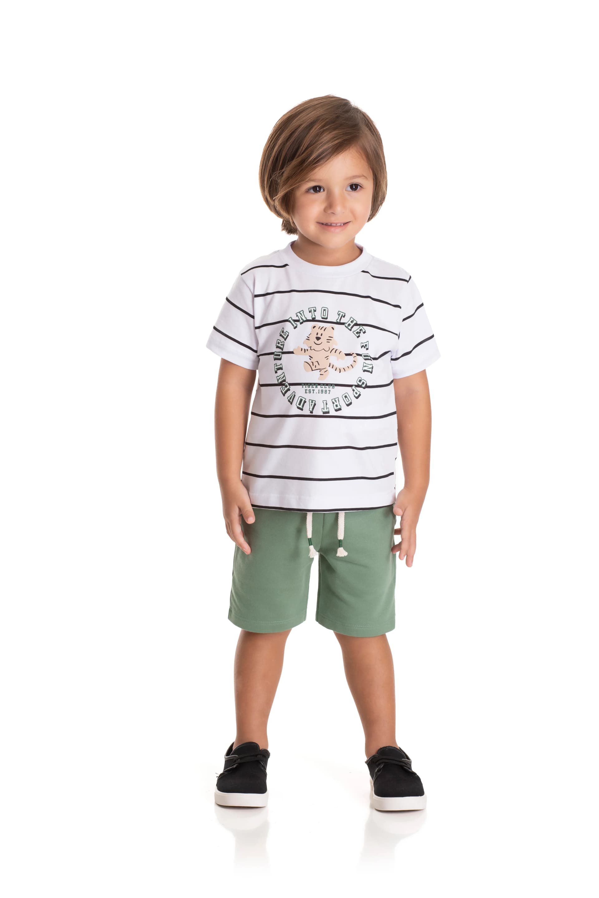 CONJ. CAMISETA MEIA MALHA LISTRADA E BERMUDA MOLETOM SEM FELPA