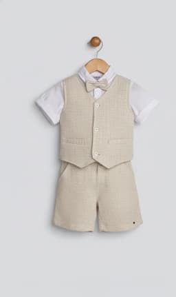 Miniatura CONJUNTO BODY,COLETE,GRAVATINHA E BERMUDA ACONCHEGO LINHO SOCIAL / BEGE 2